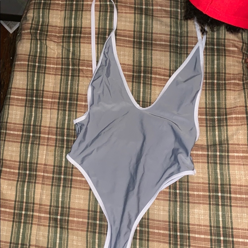 Grey One-Piece Swimsuit w/ White Lining